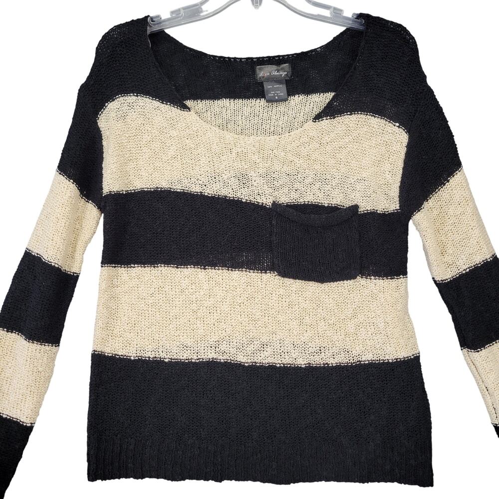 Love Always Black Tan Striped Sweater NEW $42 Scoop Neck Long Sleeves Women's S